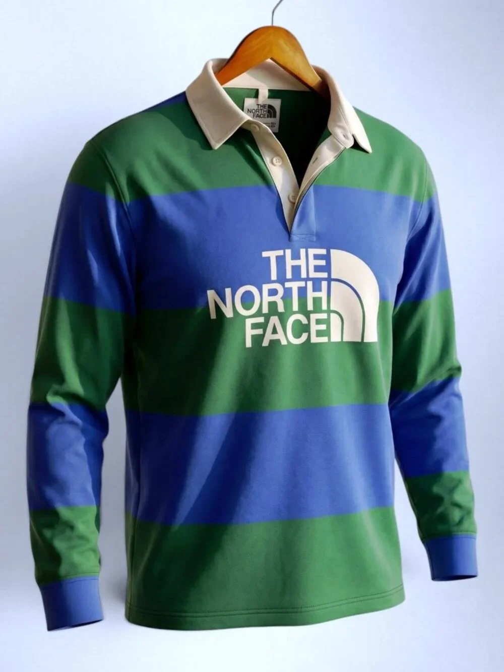 The North Face Rugby Shirt Mens L Blue Green Stripe Long Sleeve Logo Cotton